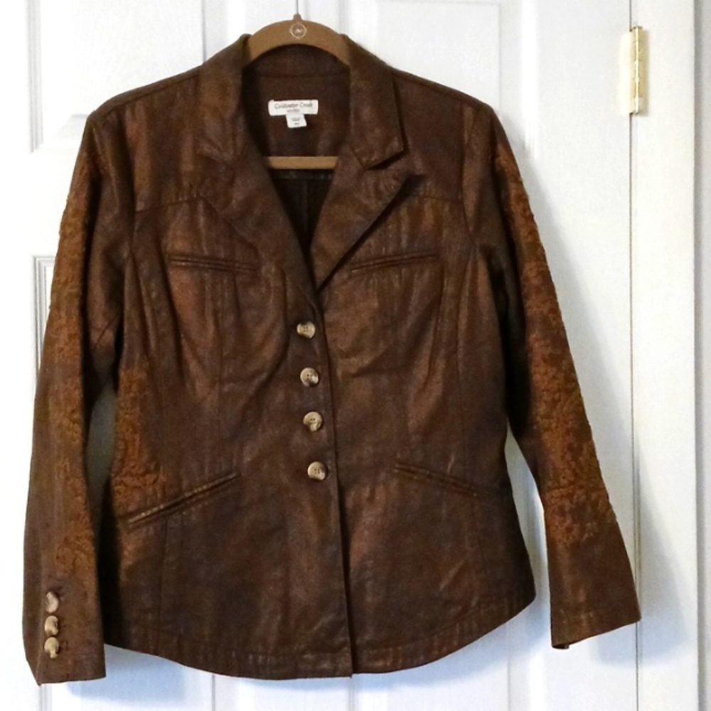 Cold Water Creek button-up embroidered Sparkle Blazer jacket Brown size P12